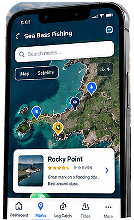 The Sea Bass Fishing app showing saved marks on a map